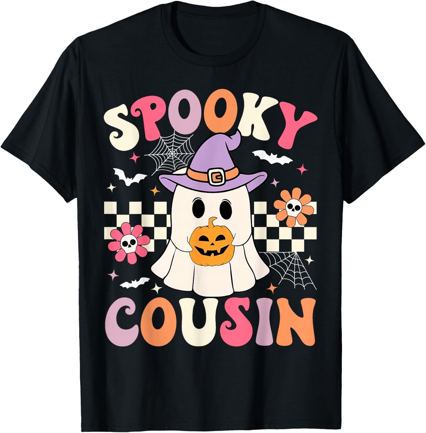 Groovy Spooky Cousin Retro Ghost Holding Pumpkin Halloween T-Shirt - T-Shirt | Black