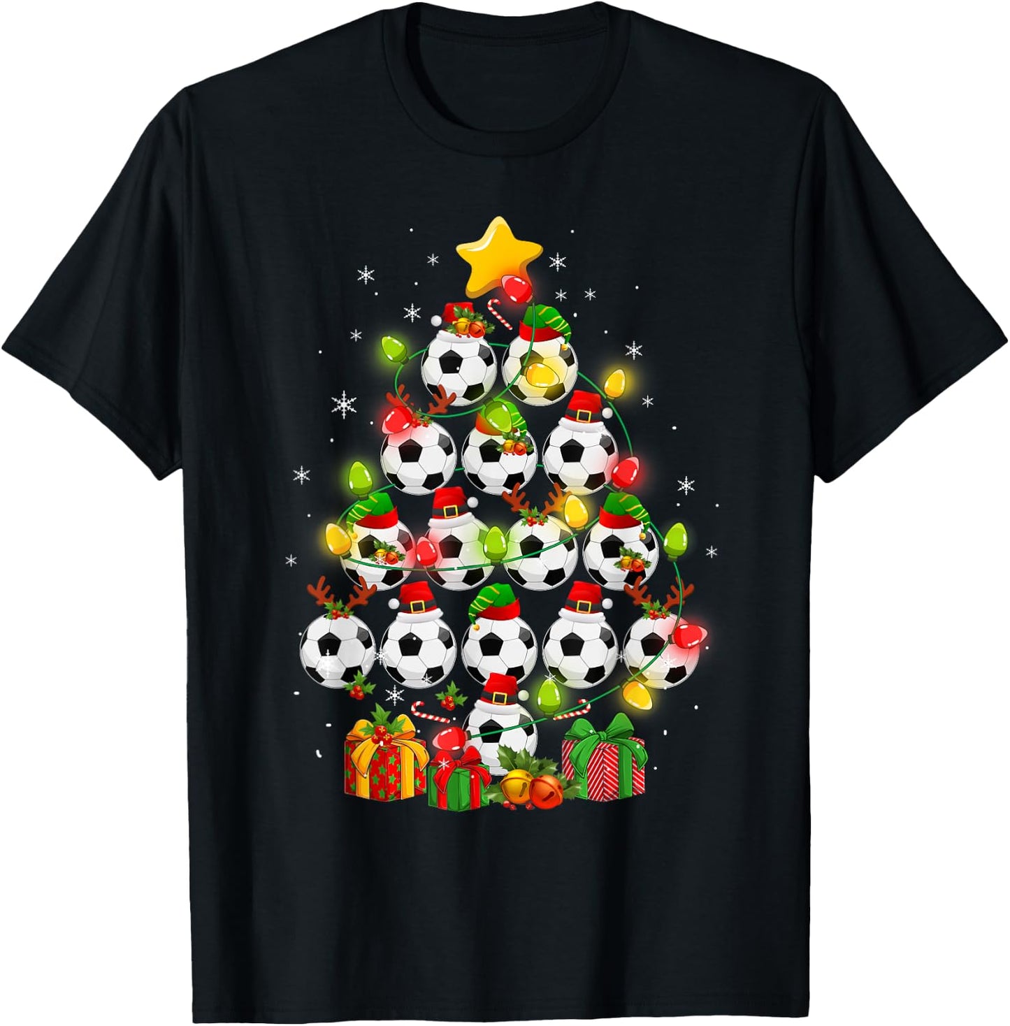 Soccer Balls Santa Elf Hat Christmas Tree Lights Ornaments T-Shirt - T-Shirt | Black