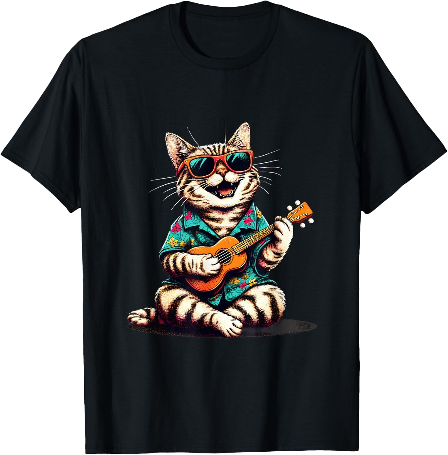 Cat Wearing a Hawaiian Shirt, Playing a Ukulele T-Shirt - T-Shirt | Black