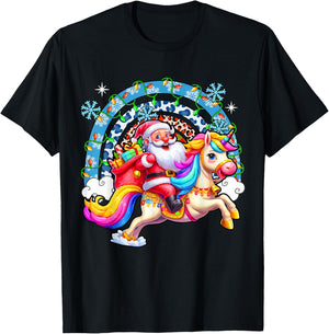Santa Riding Colourful Unicorn Christmas Rainbow Xmas Lights T-Shirt - T-Shirt | Black