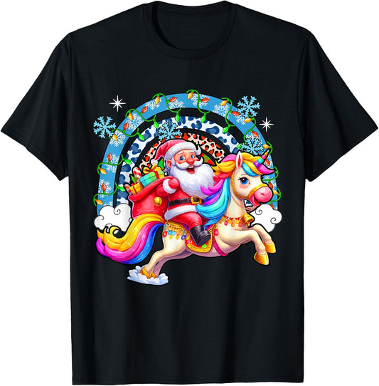 Santa Riding Colourful Unicorn Christmas Rainbow Xmas Lights T-Shirt - T-Shirt | Black