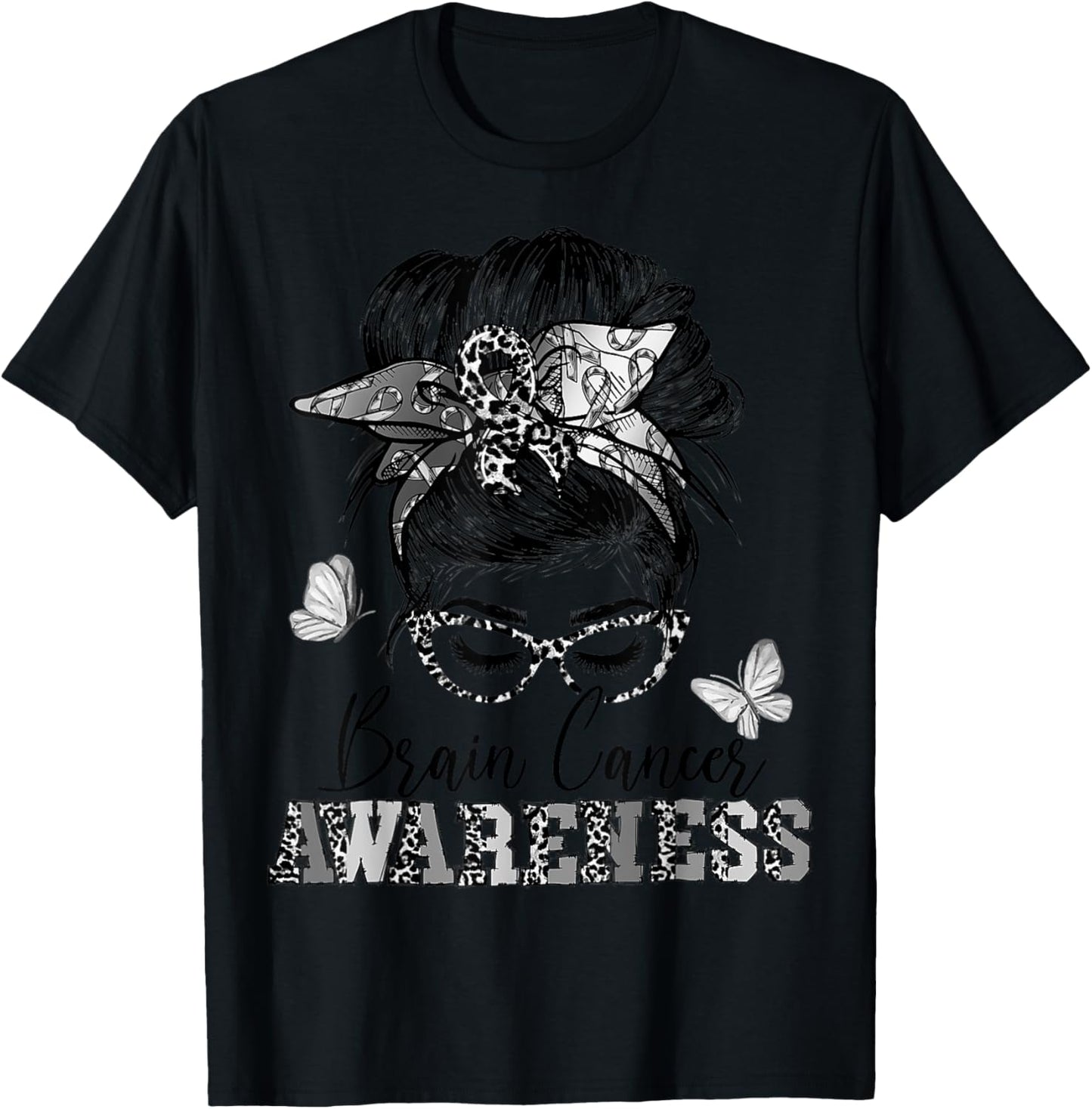 Messy Hair Bun Gray Ribbon Brain Cancer Awareness T-Shirt - T-Shirt | Black
