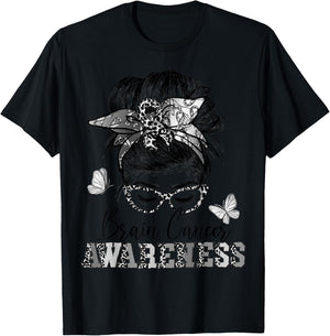 Messy Hair Bun Gray Ribbon Brain Cancer Awareness T-Shirt - T-Shirt | Black