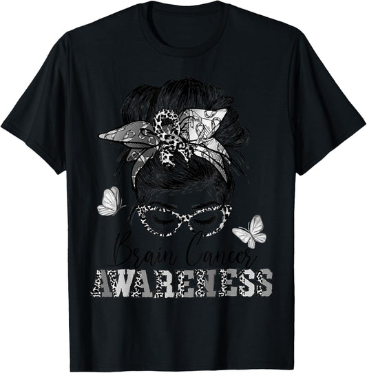 Messy Hair Bun Gray Ribbon Brain Cancer Awareness T-Shirt - T-Shirt | Black