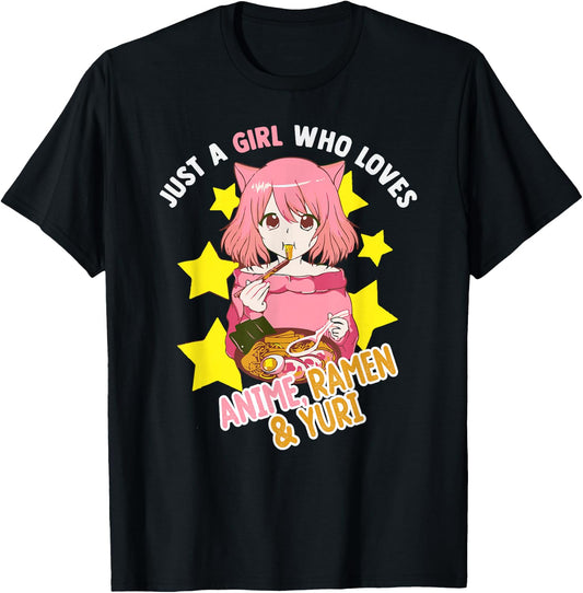 Just A Girl Who Loves Anime Ramen Yuri Lesbian Otaku Weeb T-Shirt - T-Shirt | Black