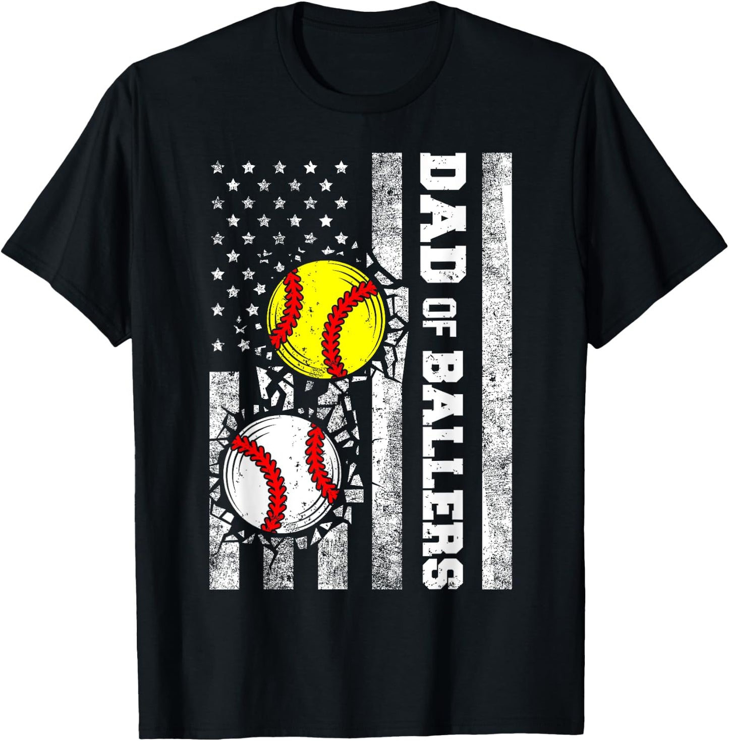 Dad of Ballers Funny USA Flag Baseball Softball Dad T-Shirt - T-Shirt | Black