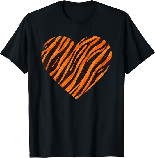 Cool Tiger Stripes Women Animal Lover Heart Pattern T-Shirt - T-Shirt | Black