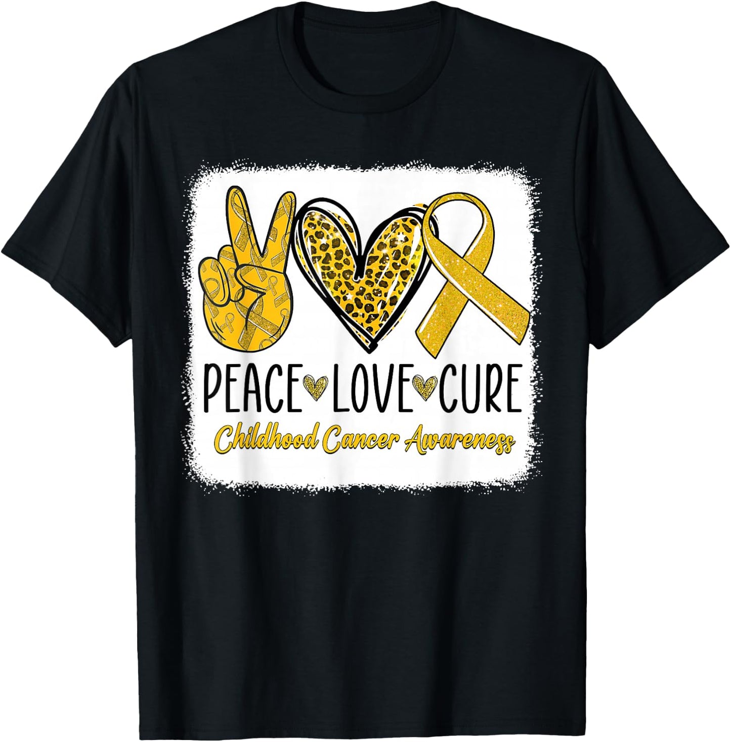 Peace Love Cure Childhood Cancer Awareness Gold Ribbon T-Shirt - T-Shirt | Black