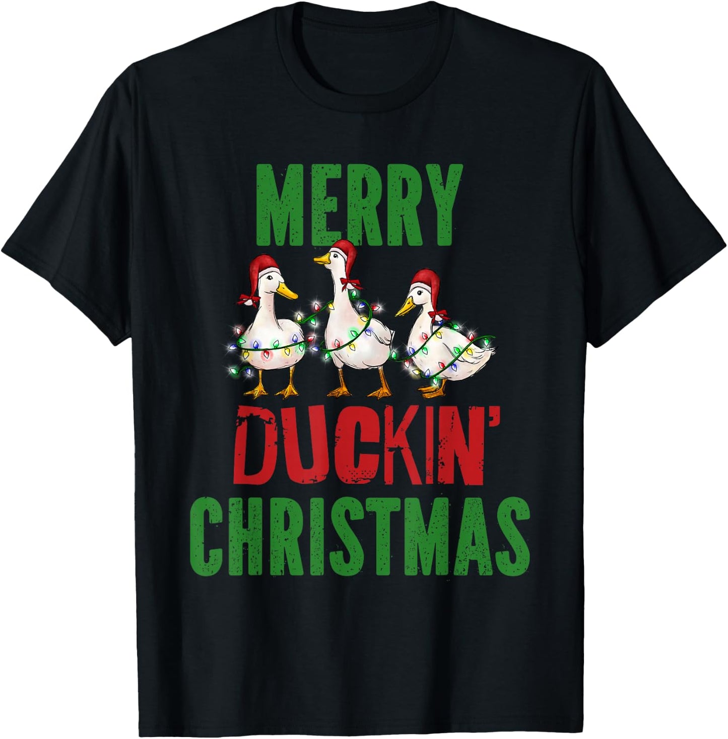 Merry Duckin Christmas Duck Pun Funny Christmas Light Ducks T-Shirt - T-Shirt | Black