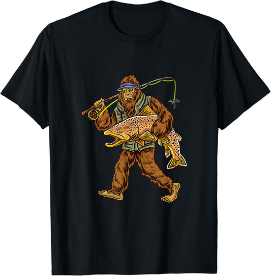 Brown Trout River Fishing Bigfoot Hunting Fishermen T-Shirt - T-Shirt | Black