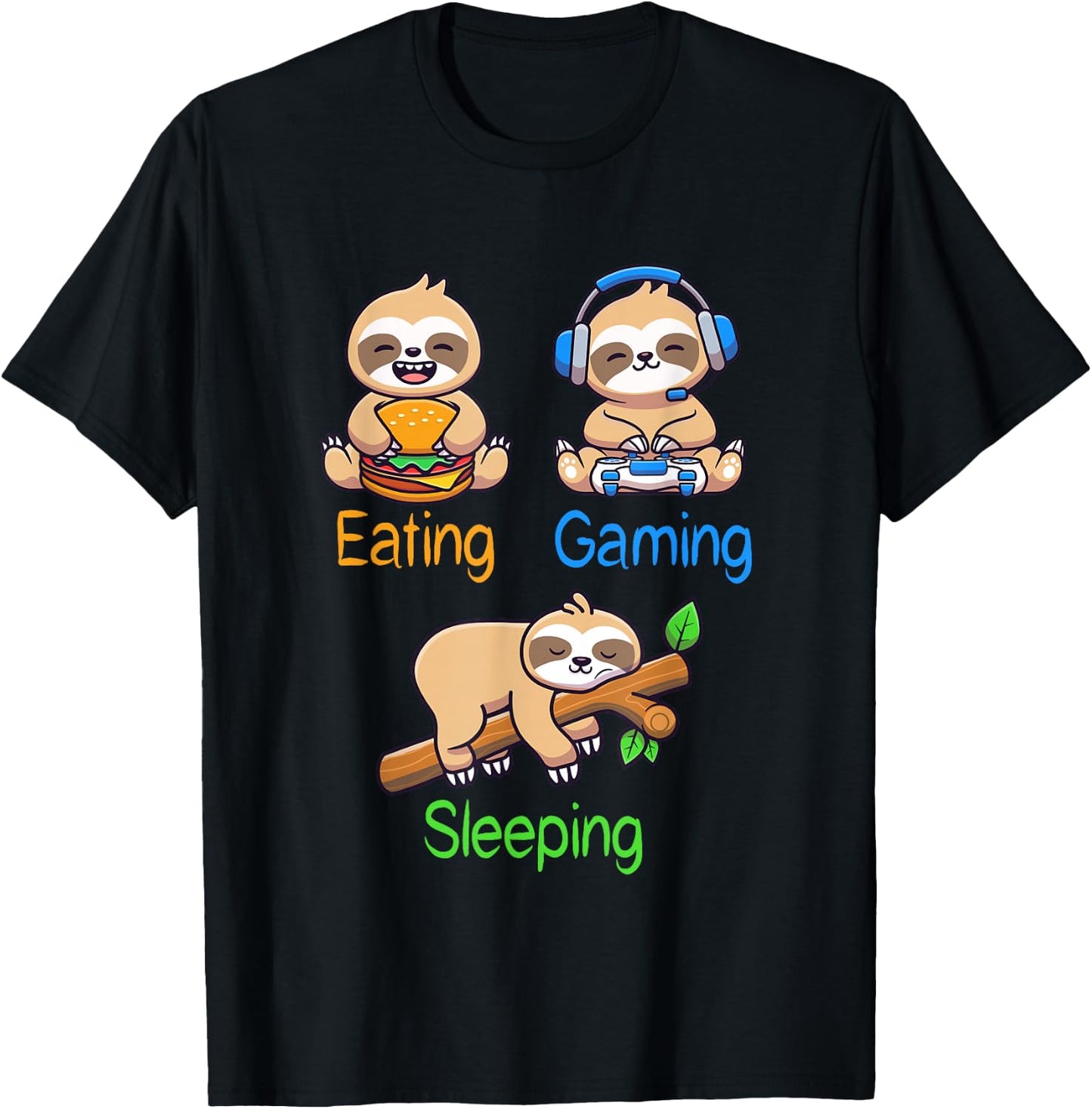 Eating Gaming Sleeping Gamer Sloth Men Kids T-Shirt - T-Shirt | Black