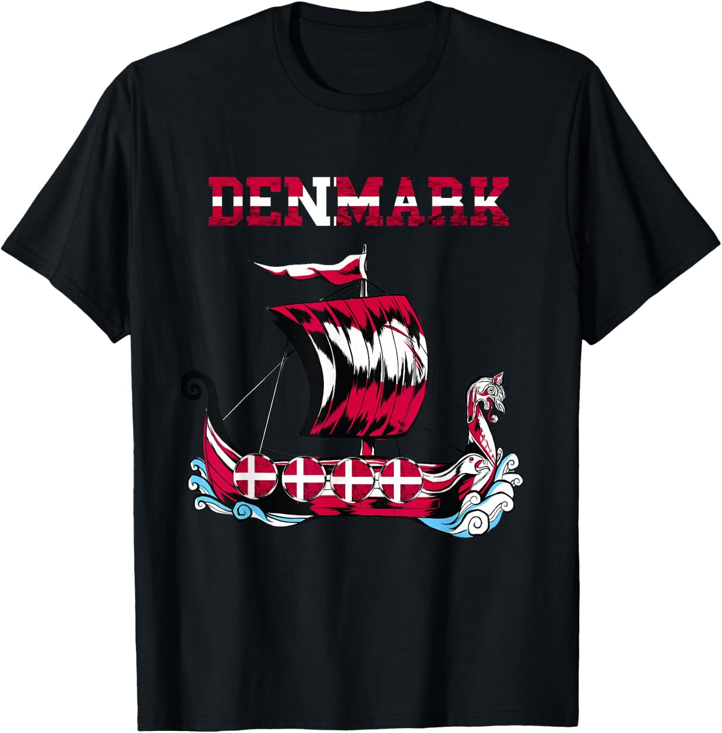 Denmark Flag Viking Ship Danes Danish Roots Dansk Denmark T-Shirt - T-Shirt | Black