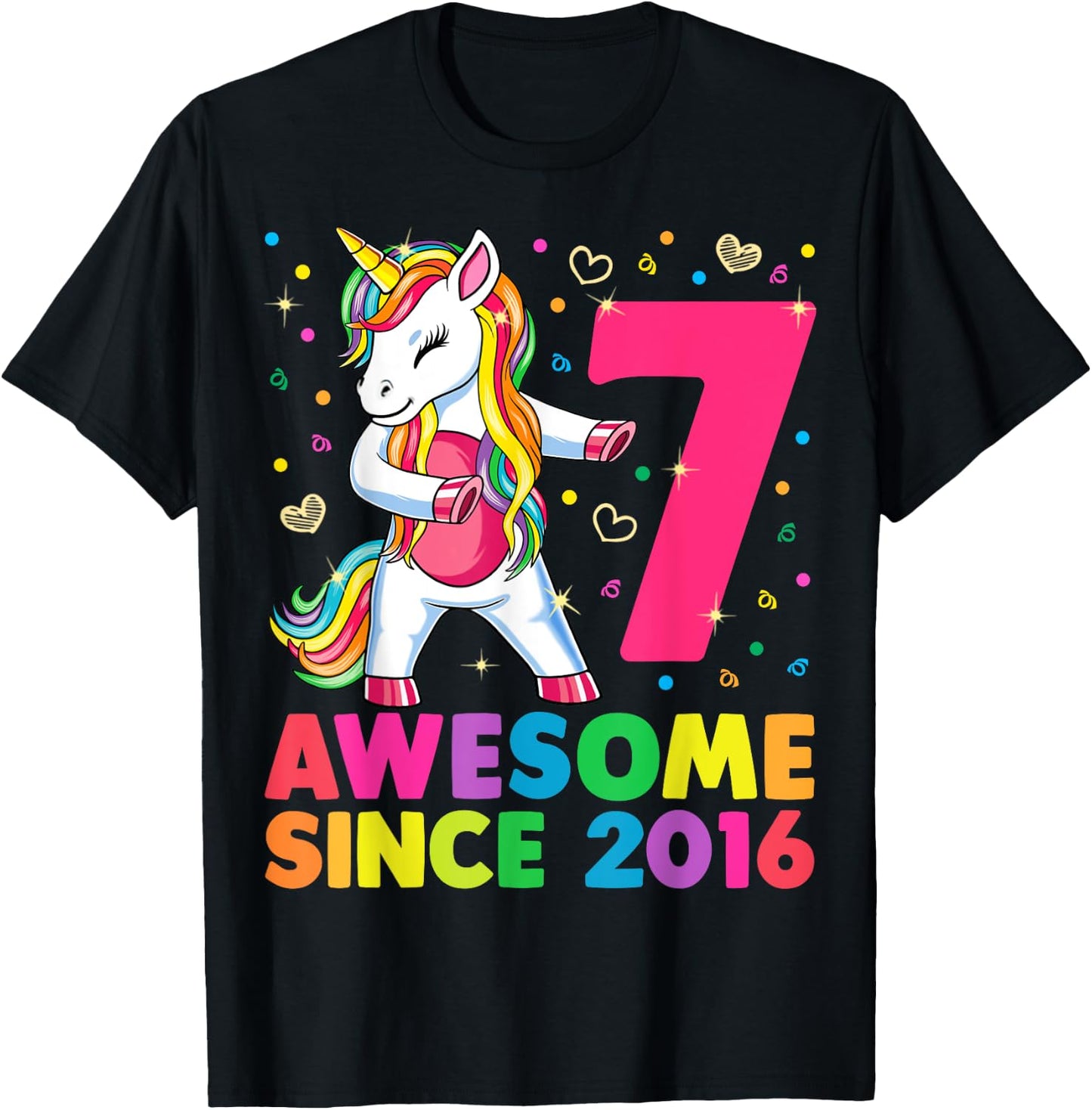 7 Years Old Unicorn Flossing 7th Birthday Girl Unicorn Party T-Shirt - T-Shirt | Black