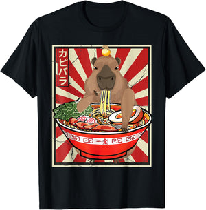 Kawaii bird Capybara Eating Ramen Noodles Anime Japanese T-Shirt - T-Shirt | Black