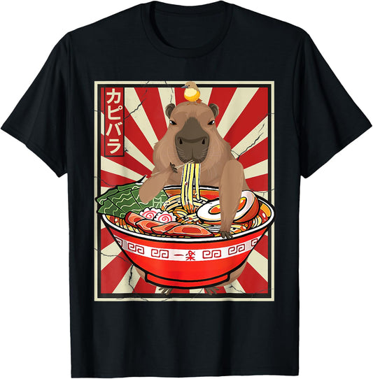 Kawaii bird Capybara Eating Ramen Noodles Anime Japanese T-Shirt - T-Shirt | Black