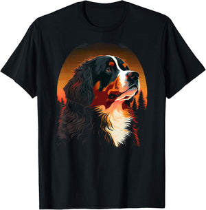 Bernese Mountain Dog at Sunset in the Woods Black Graphic Men Women Kids T-Shirt - T-Shirt | Black