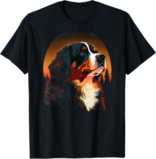 Bernese Mountain Dog at Sunset in the Woods Black Graphic Men Women Kids T-Shirt - T-Shirt | Black