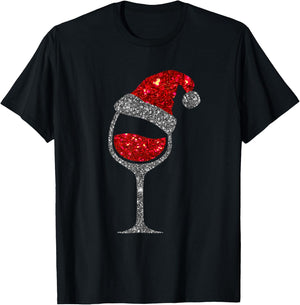 Christmas Wine Shirt - Glass of Red Wine Santa Hat Girl T-Shirt - T-Shirt | Black
