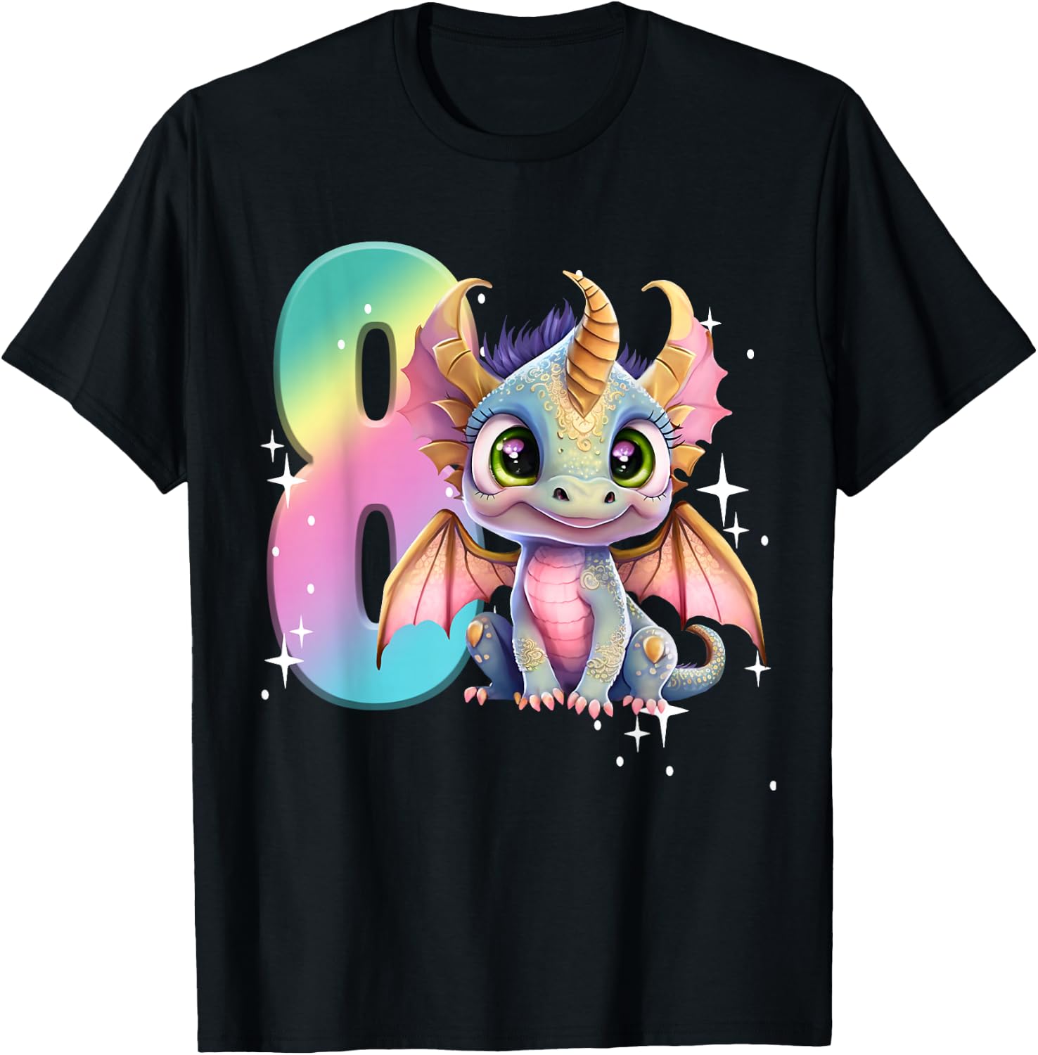 8th Birthday Shirt Dragon Party Rainbow Girl Dragon Eight 8 T-Shirt - T-Shirt | Black