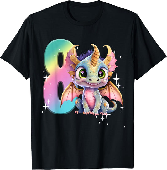 8th Birthday Shirt Dragon Party Rainbow Girl Dragon Eight 8 T-Shirt - T-Shirt | Black