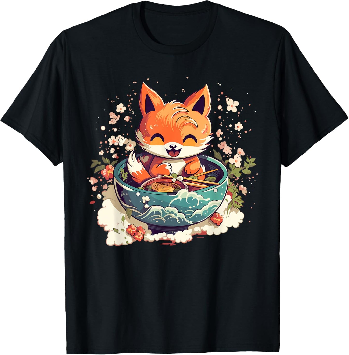 Kawaii Fox Eating Ramen - Ramen Noodle Lovers - Fox-Themed T-Shirt - T-Shirt | Black