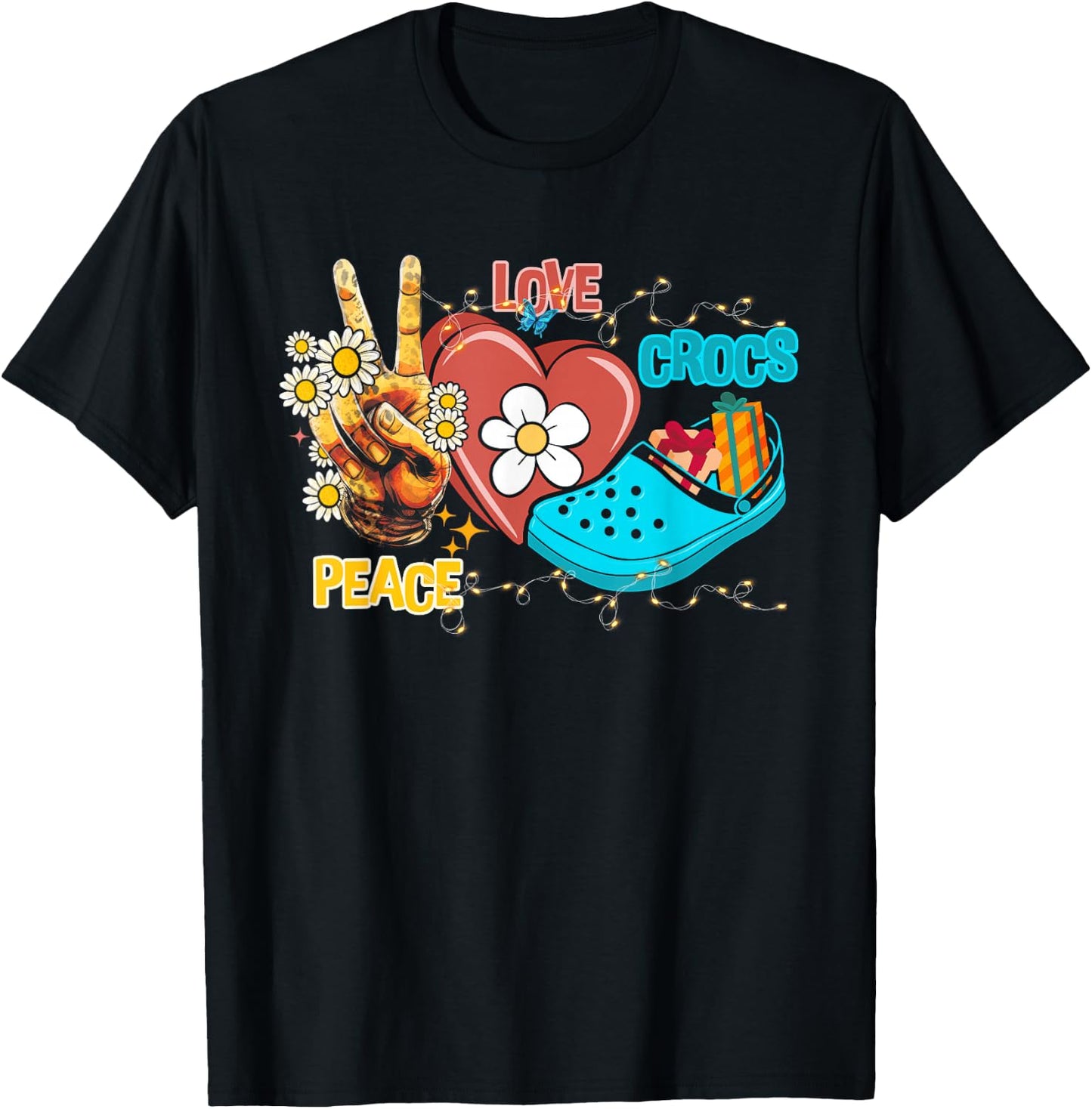 Skeleton Hand Peace Love-Crocs Family Xmas Pyjama Halloween T-Shirt - T-Shirt | Black