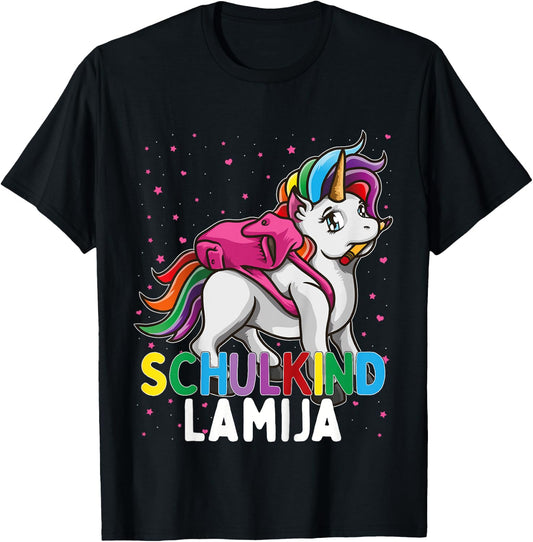 Kids School Child Unicorn Lamija First Name Girls T-Shirt - T-Shirt | Black