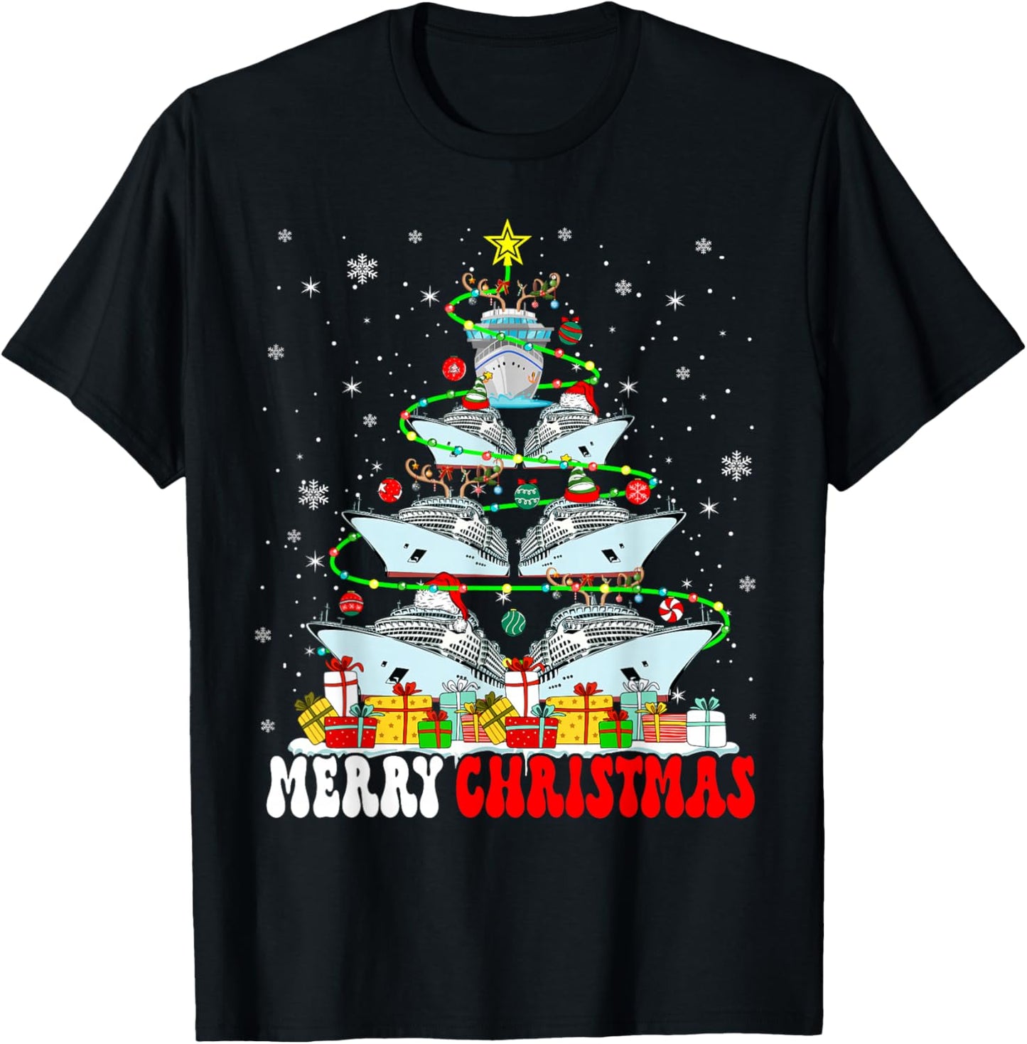 Merry Christmas Reindeer Elf Santa Cruise Ships Xmas Tree T-Shirt - T-Shirt | Black