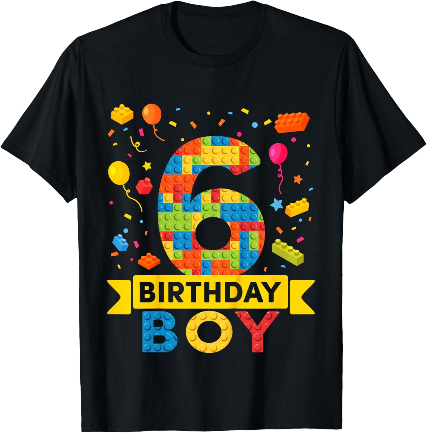 Kids 6 Year Old Building Blocks 6th Birthday Boy T-Shirt - T-Shirt | Black