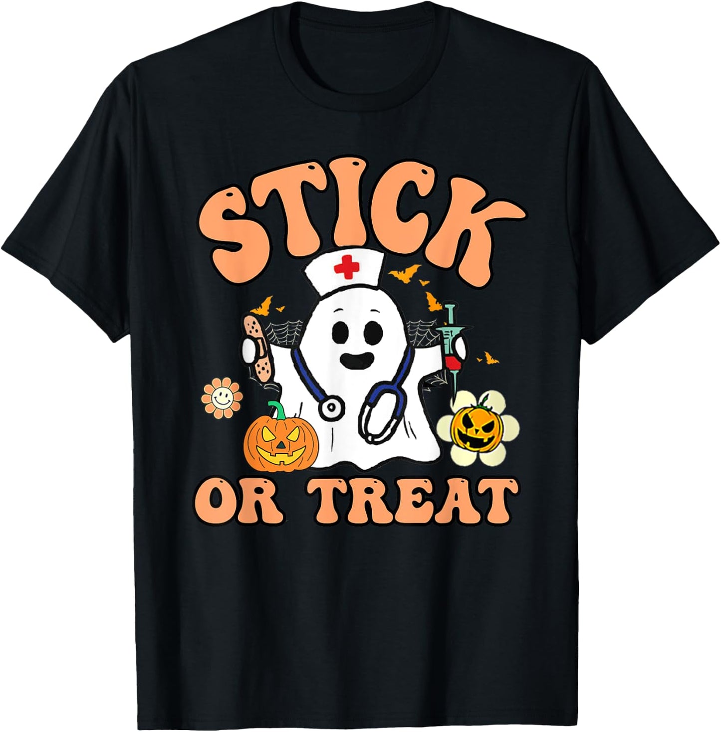 Groovy Stick Or Treat Funny Halloween Nurse T-Shirt - T-Shirt | Black