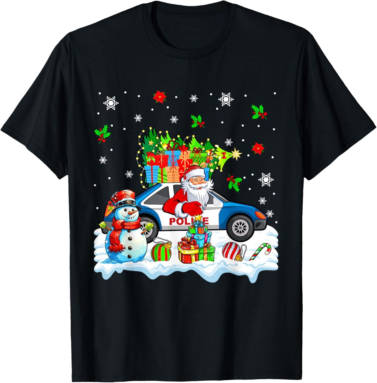 Santa Carrying Christmas Tree On Police Car Snowman Driver T-Shirt - T-Shirt | Black