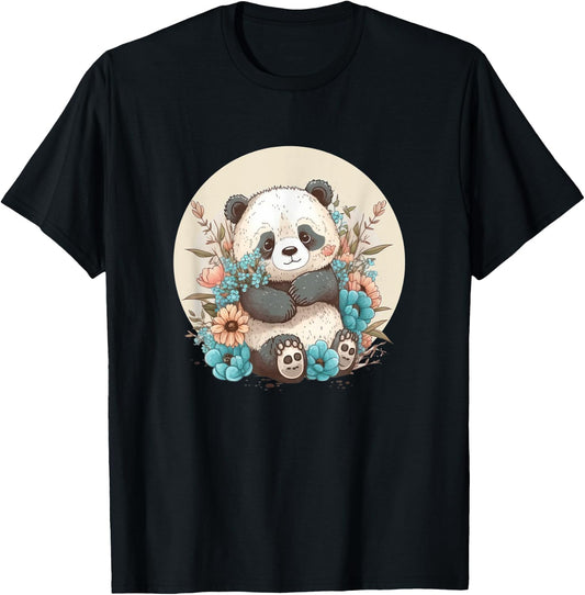 Cottagecore Floral Panda Bear | Aesthetic Girls Graphic T-Shirt - T-Shirt | Black