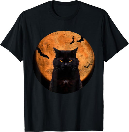 Vintage Scary Halloween Black-Cat Costume Retro Moon Cat Mom T-Shirt - T-Shirt | Black
