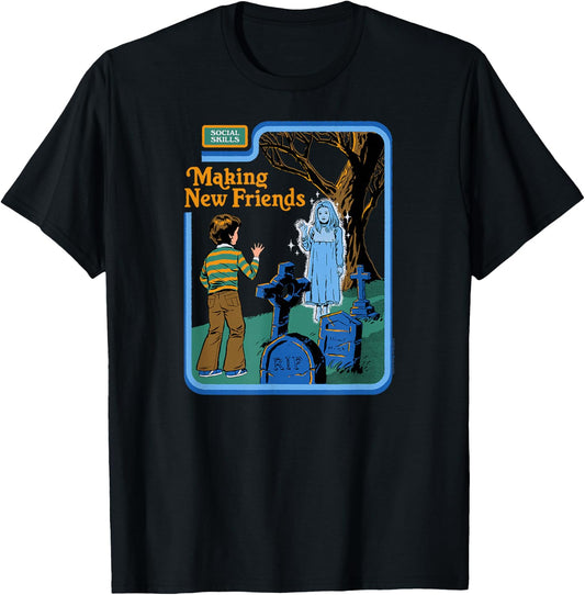 Steven Rhodes Making New Friends Ghost Retro Dark Humor T-Shirt - T-Shirt | Black