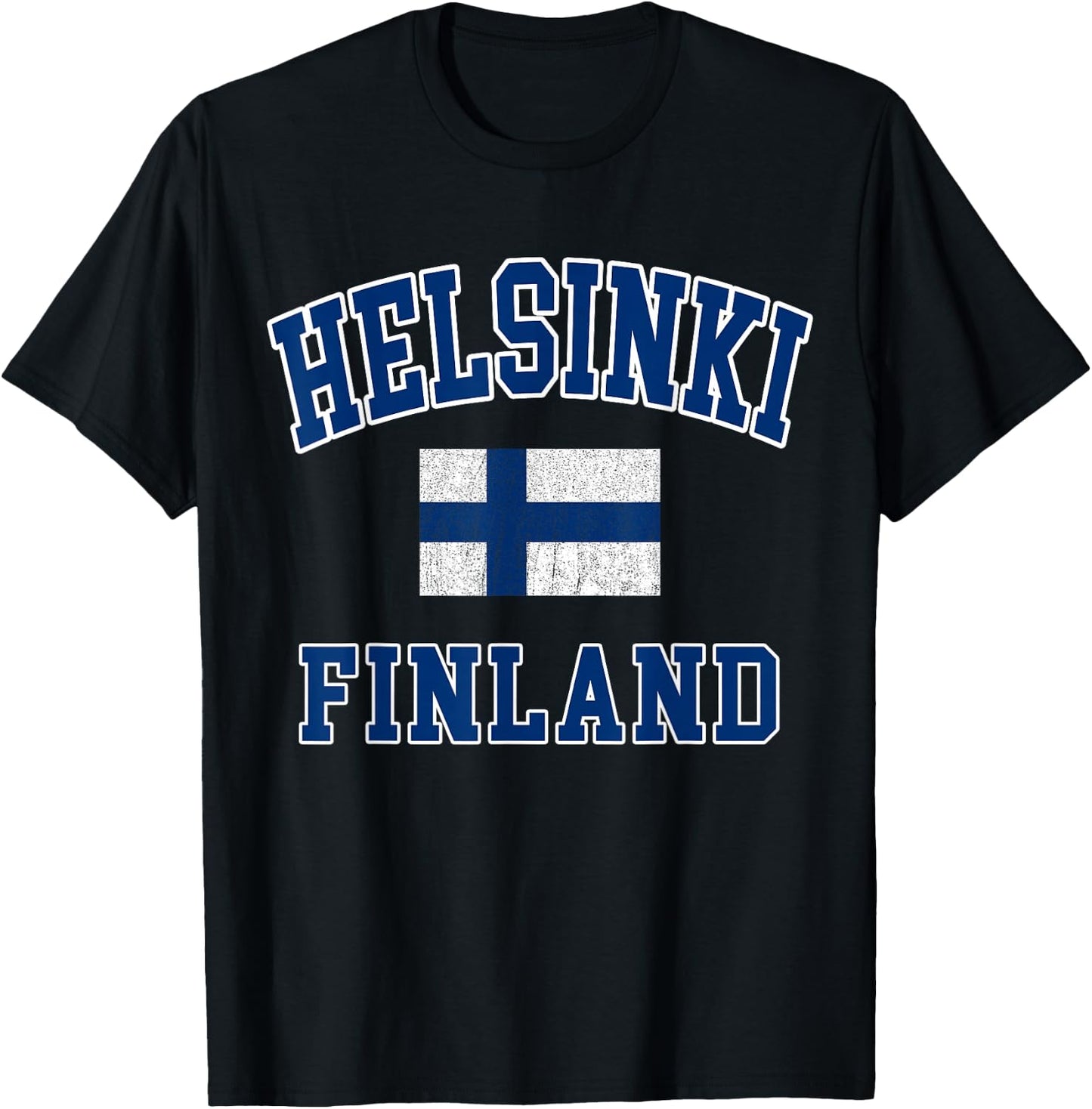 Helsinki Finland Flag Distressed Vintage Europe College Font T-Shirt - T-Shirt | Black