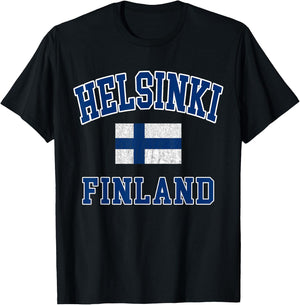 Helsinki Finland Flag Distressed Vintage Europe College Font T-Shirt - T-Shirt | Black