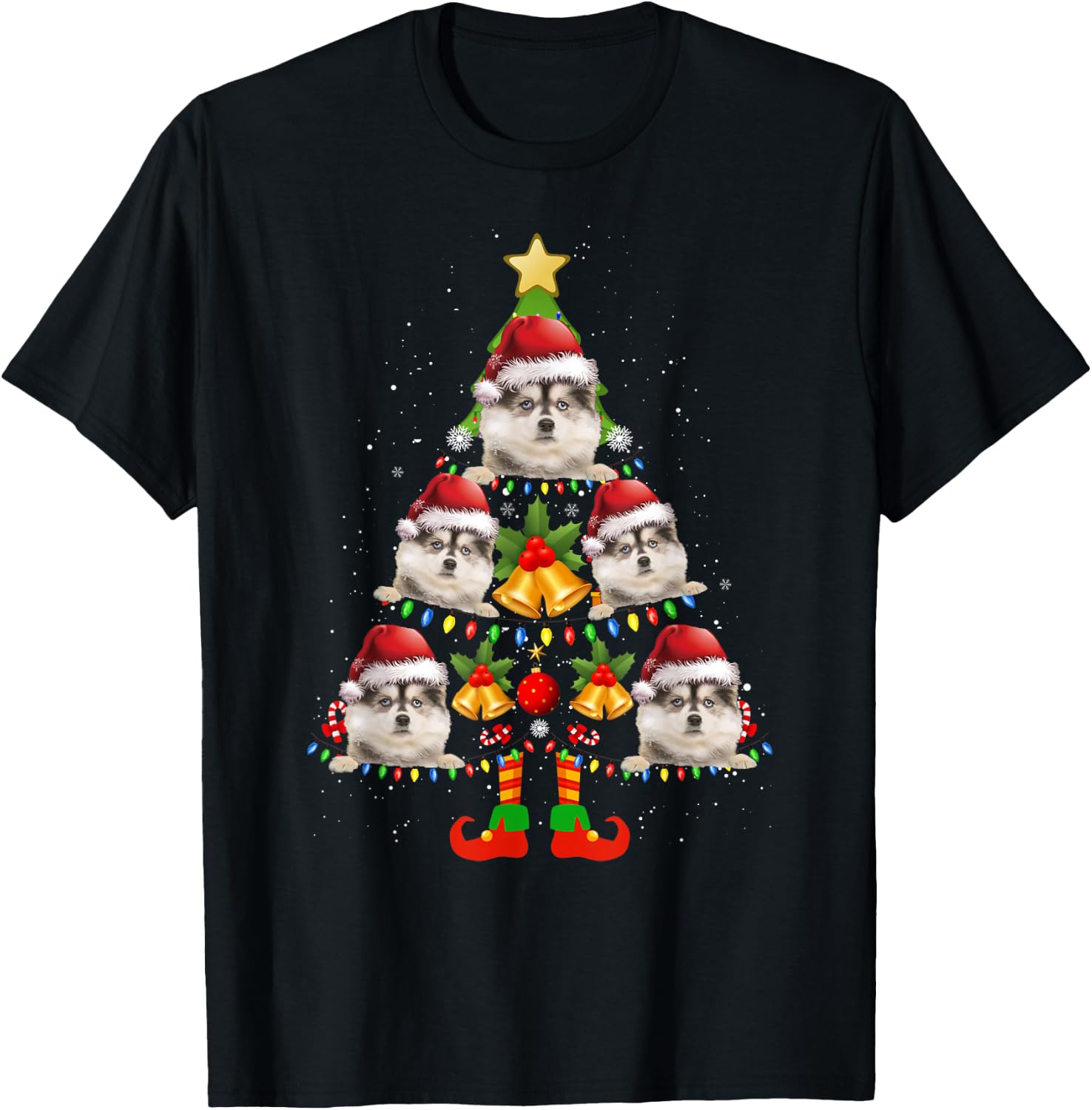 Funny Pomsky Christmas Lights Tree Dog Lover Xmas T-Shirt - T-Shirt | Black