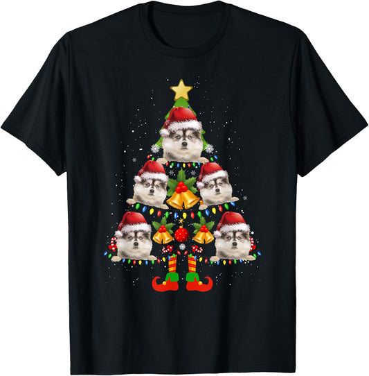 Funny Pomsky Christmas Lights Tree Dog Lover Xmas T-Shirt - T-Shirt | Black