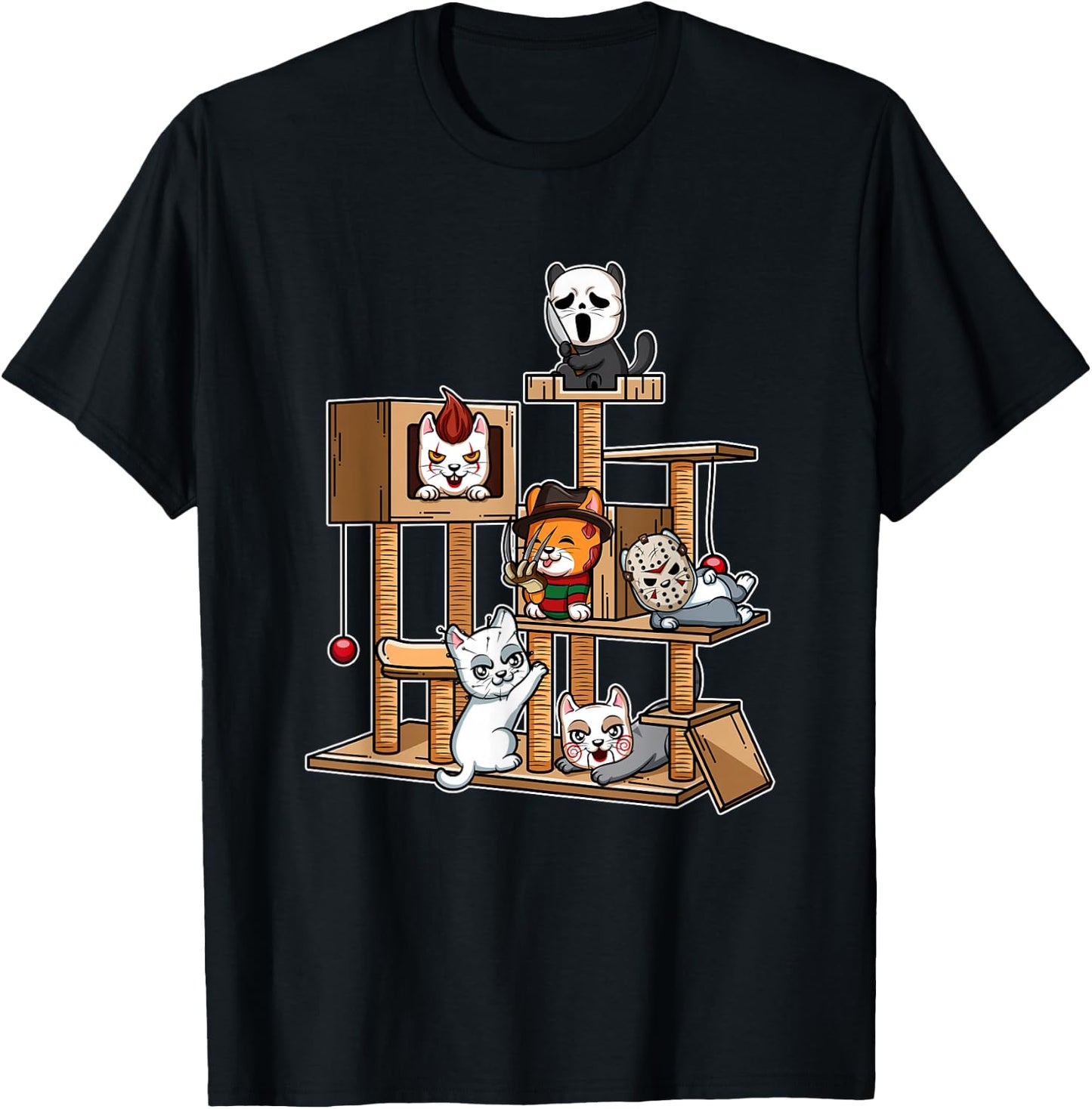Funny Horror Movie Kitten Playing On Cat Tree T-Shirt - T-Shirt | Black
