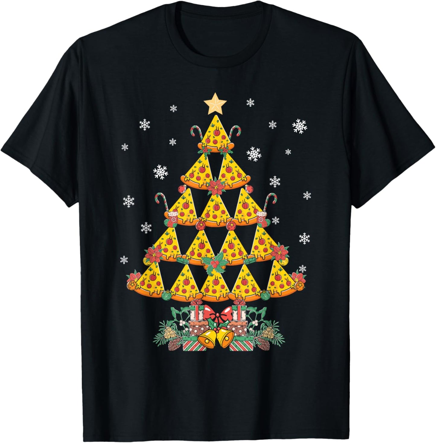 Pizza Christmas Tree Funny Pizza Christmas T-Shirt - T-Shirt | Black