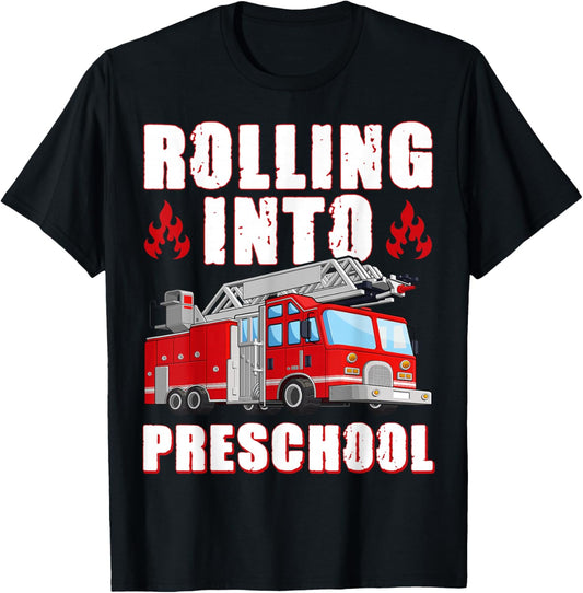 Rolling Into Preschool Fire Engine First Day Of School Boys T-Shirt - T-Shirt | Black