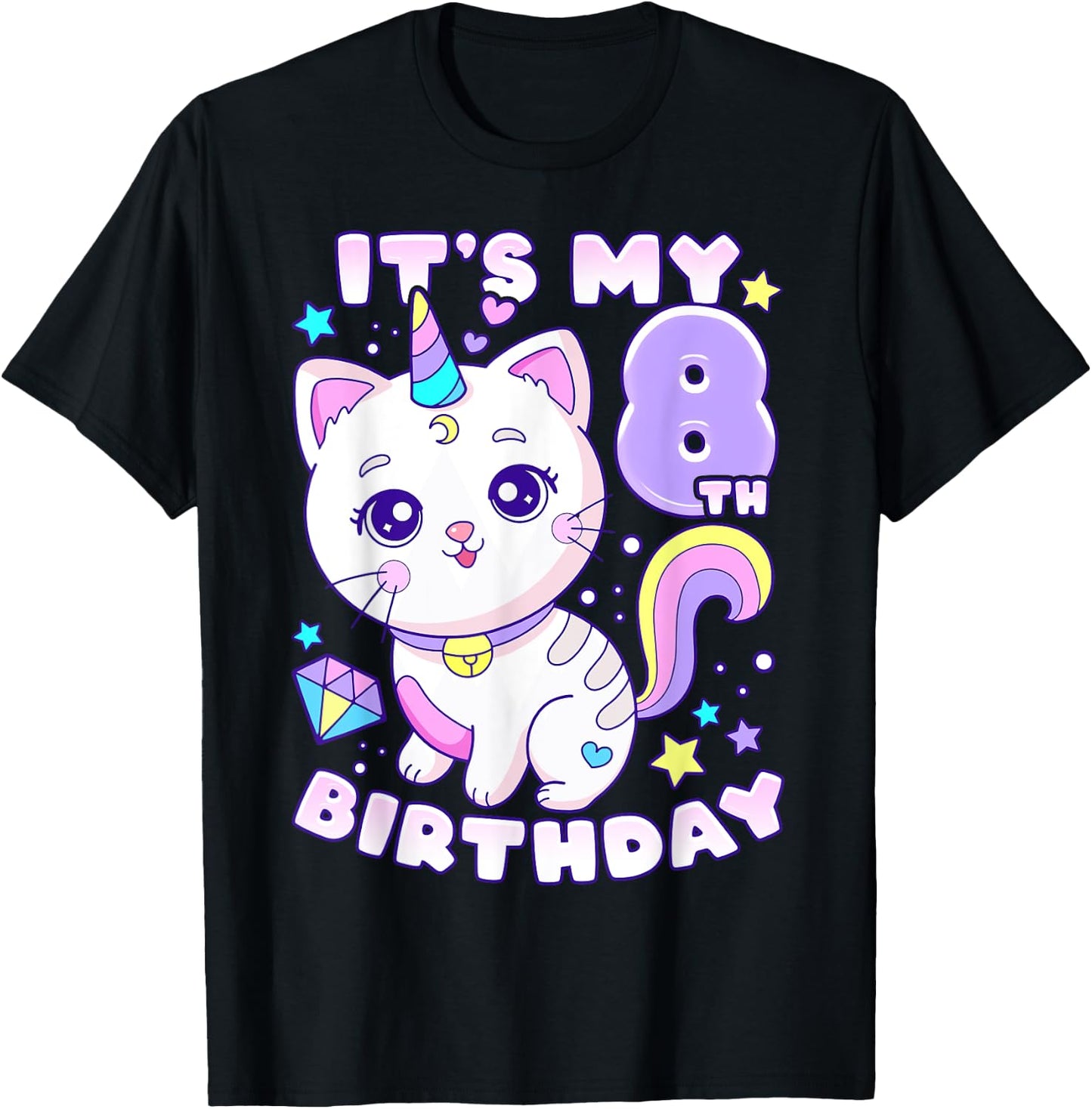 Birthday girl 8 years old, cat, unicorn, 8th birthday T-Shirt - T-Shirt | Black