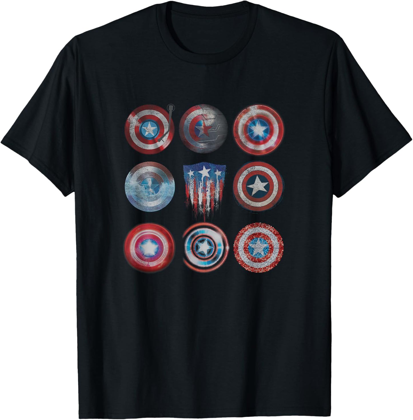 Marvel Comics Retro Classic Captain America Shields Variety T-Shirt - T-Shirt | Black