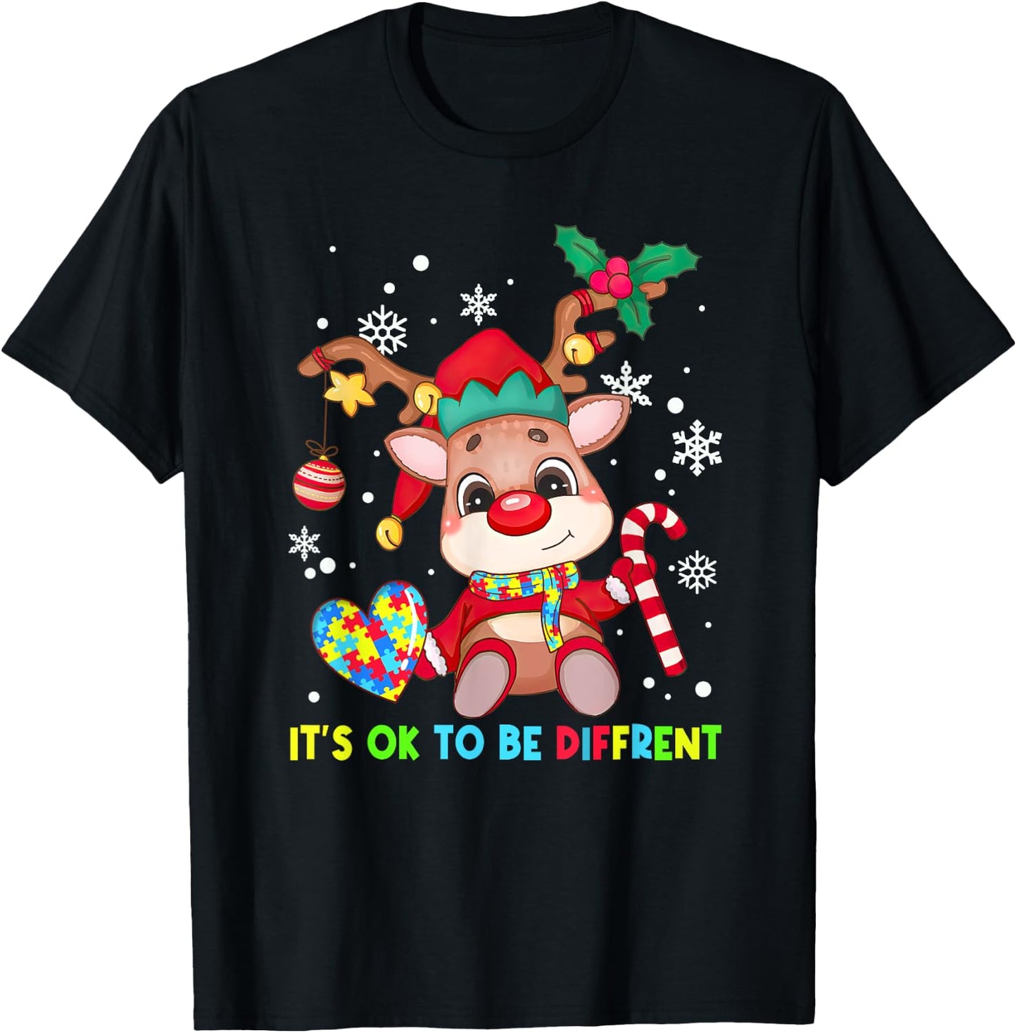 It's Ok To Be Different Reindeer Autism Awareness Christmas T-Shirt - T-Shirt | Black