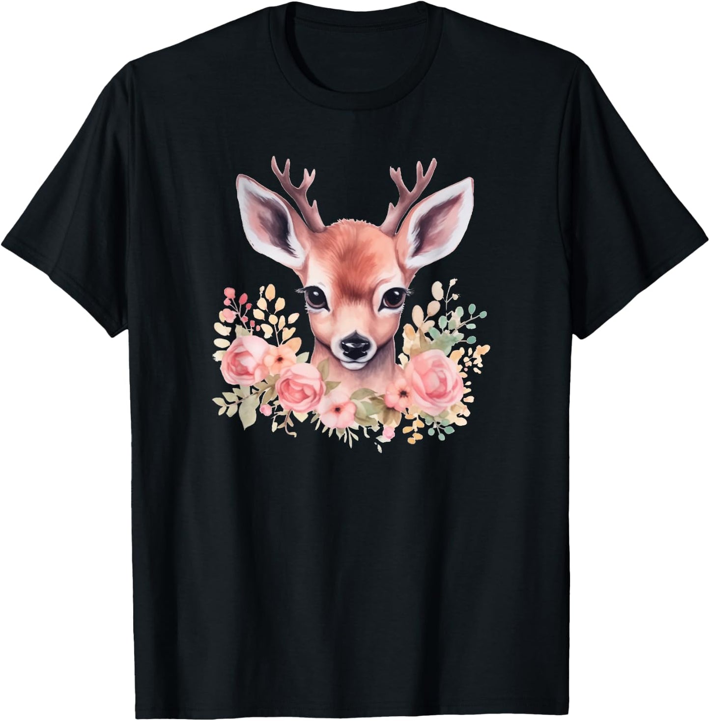 Fawn with Flowers Pink Deer Illustration Cute Deer T-Shirt - T-Shirt | Black