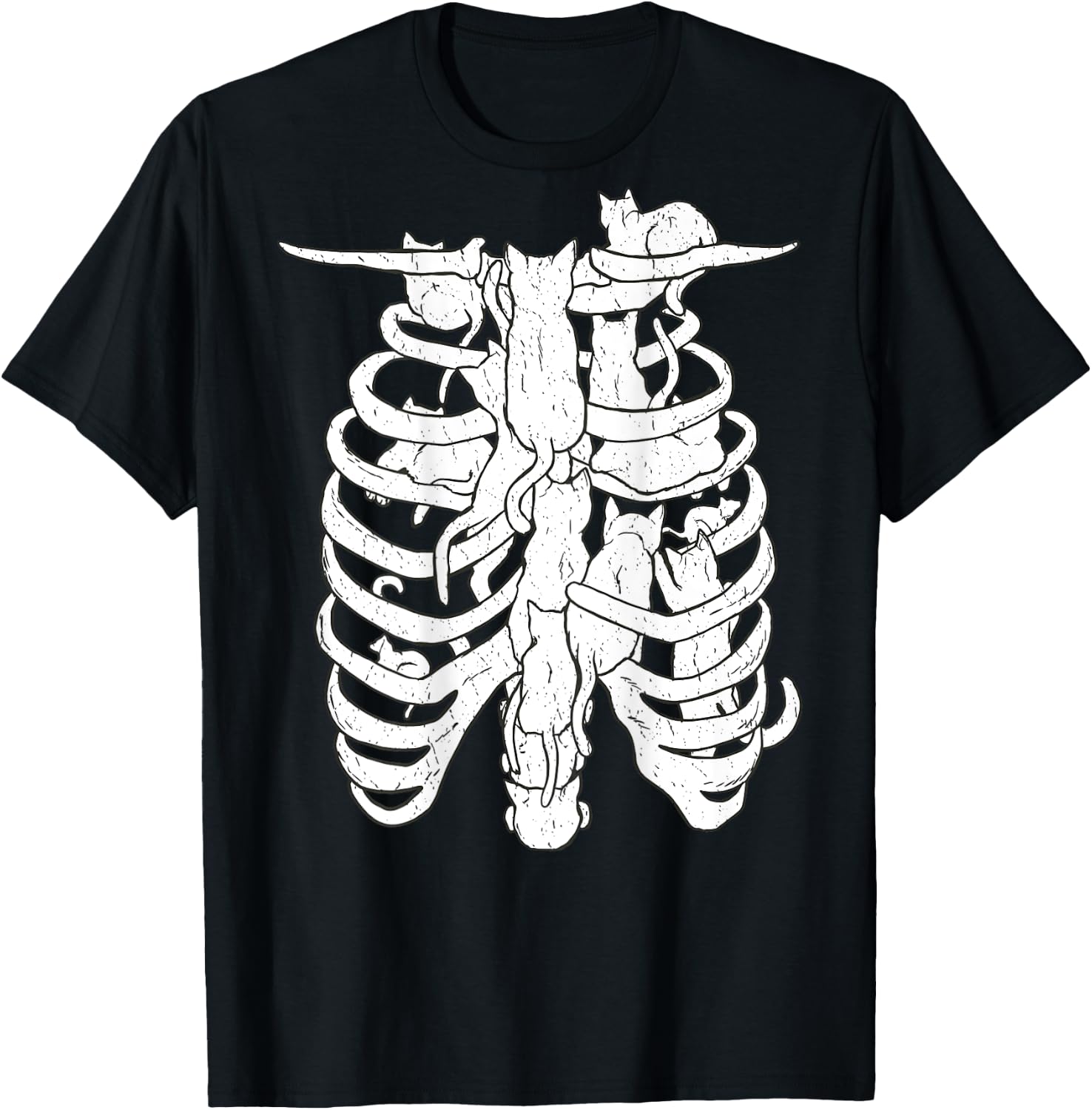 Skeleton body and cat, Halloween Costume Rib cage Anatomy T-Shirt - T-Shirt | Black