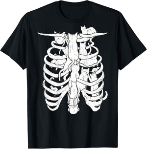 Skeleton body and cat, Halloween Costume Rib cage Anatomy T-Shirt - T-Shirt | Black
