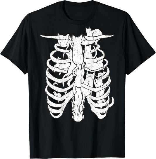 Skeleton body and cat, Halloween Costume Rib cage Anatomy T-Shirt - T-Shirt | Black