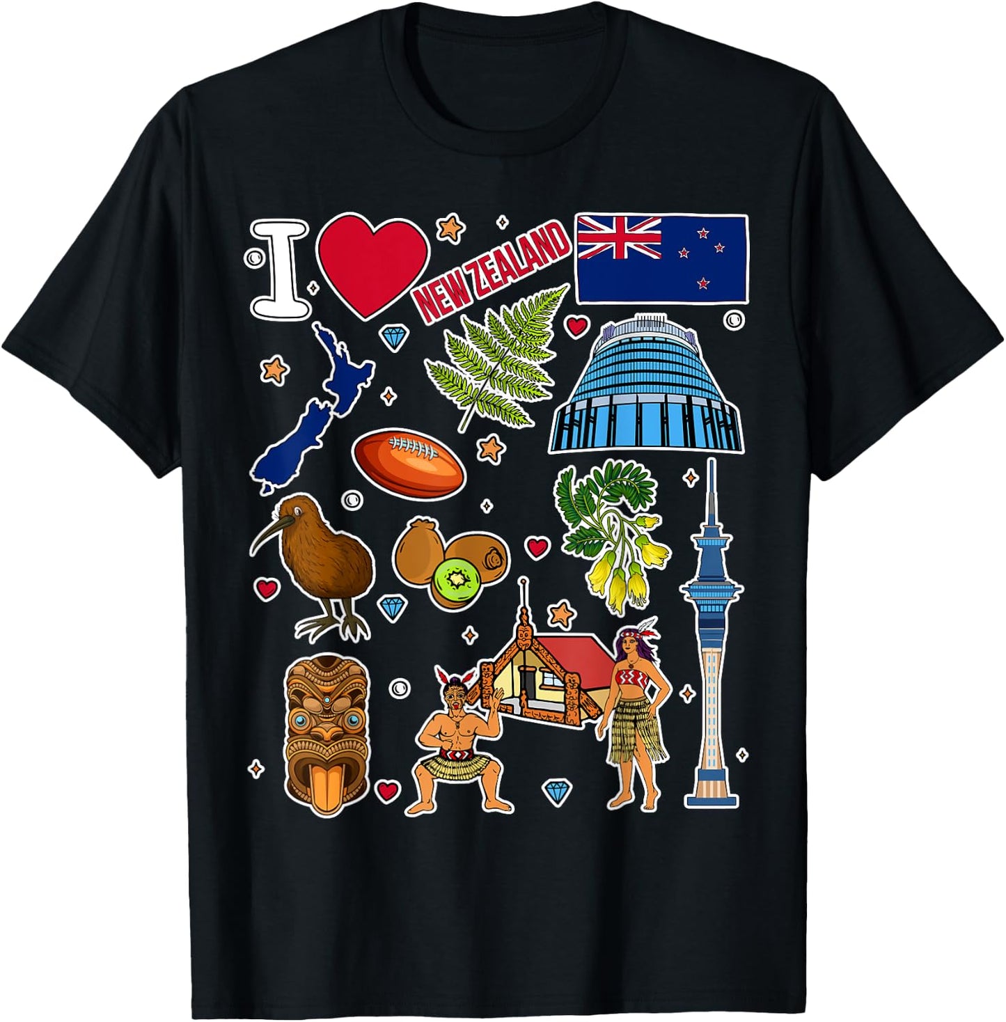 NZ hand drawn symbols, New Zealand map, cultural icons T-Shirt - T-Shirt | Black