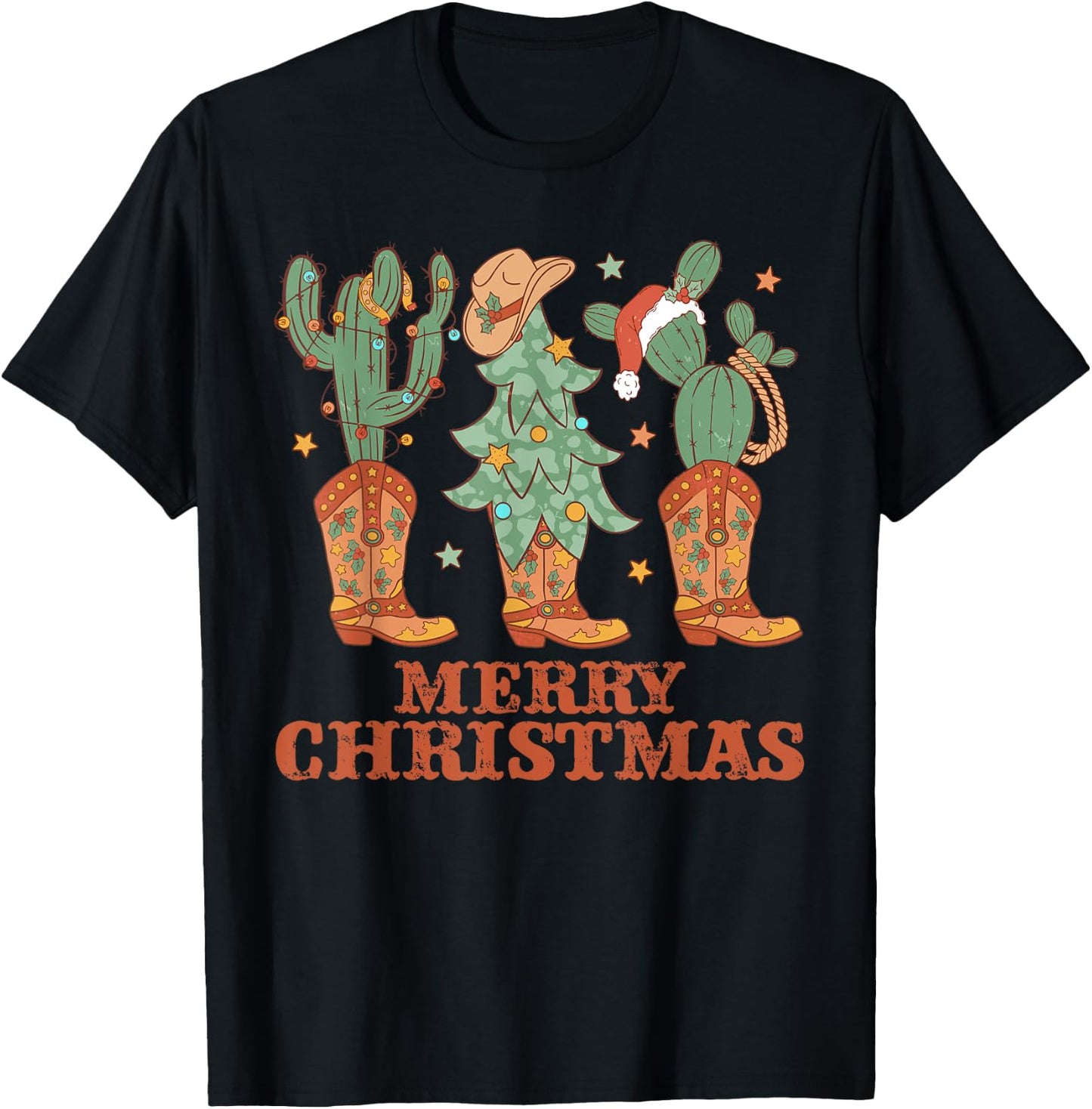 Cowboy Boots Christmas Tree Lights Western Merry Christmas T-Shirt - T-Shirt | Black